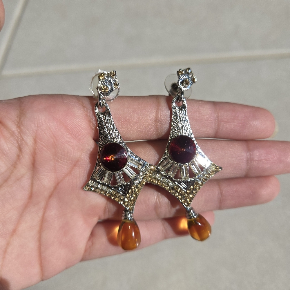 Indian Formal Fancy Statement Earrings Gold Burgundy Silver Kite diamond shaped